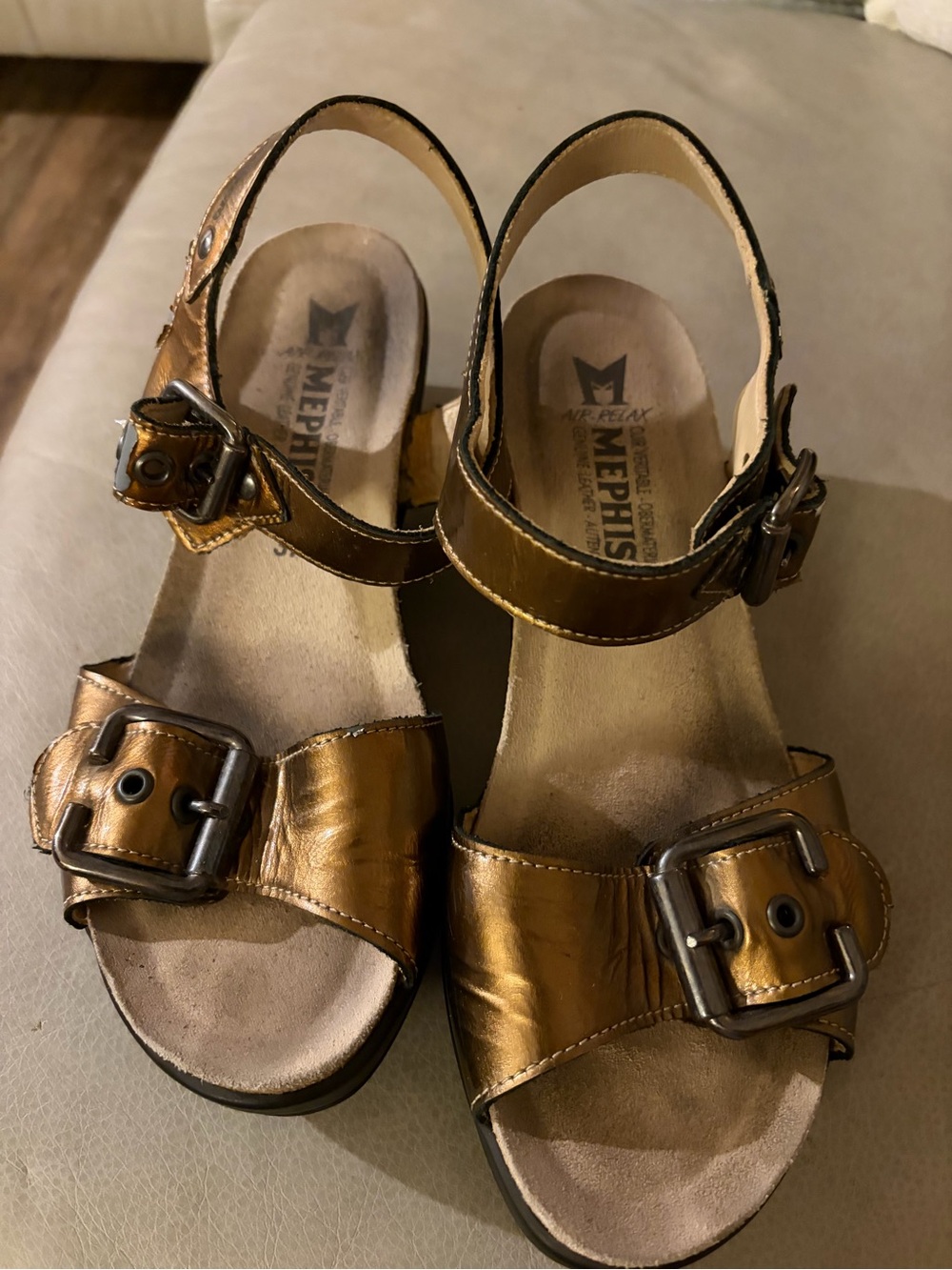 Mephisto woman’s Metallic Bronze Buckle Sandals